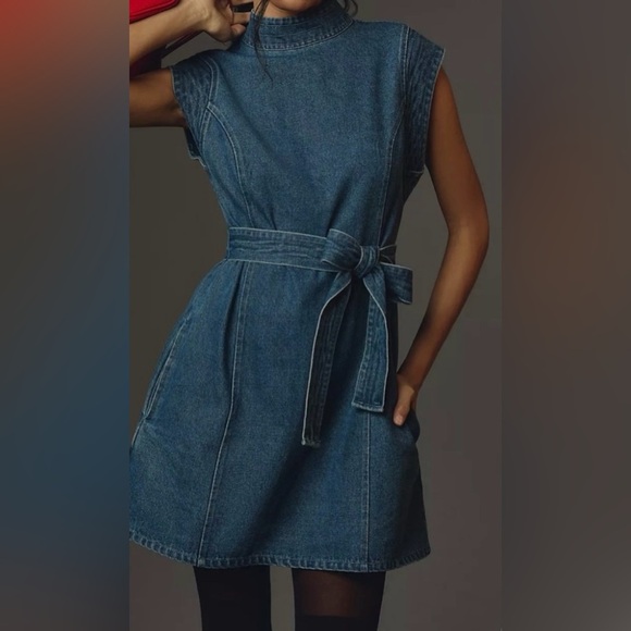 NWT Anthropologie Porridge Denim Cut Out Dress Cotton Blend Medium - Picture 1 of 15